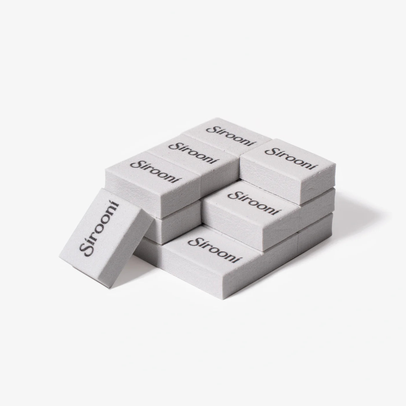 Sirooni professional nail buffer rectangle mini with 100/180 grit in grey, shown in a pack of 100 pieces.