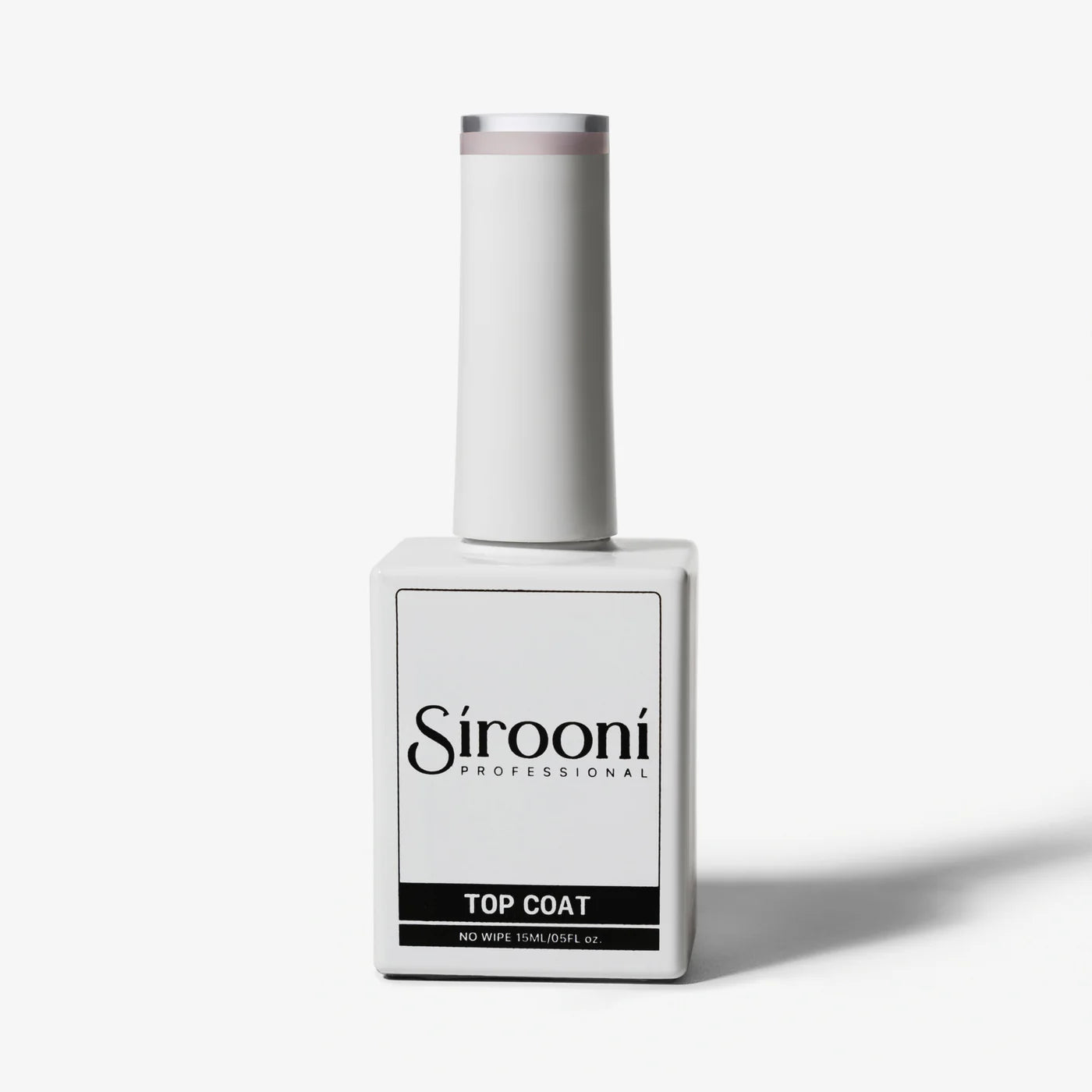 Sirooni Professional Top Coat in Simple Grey 15ml bottle, smooth glossy finish, perfect for nail protection and shine.