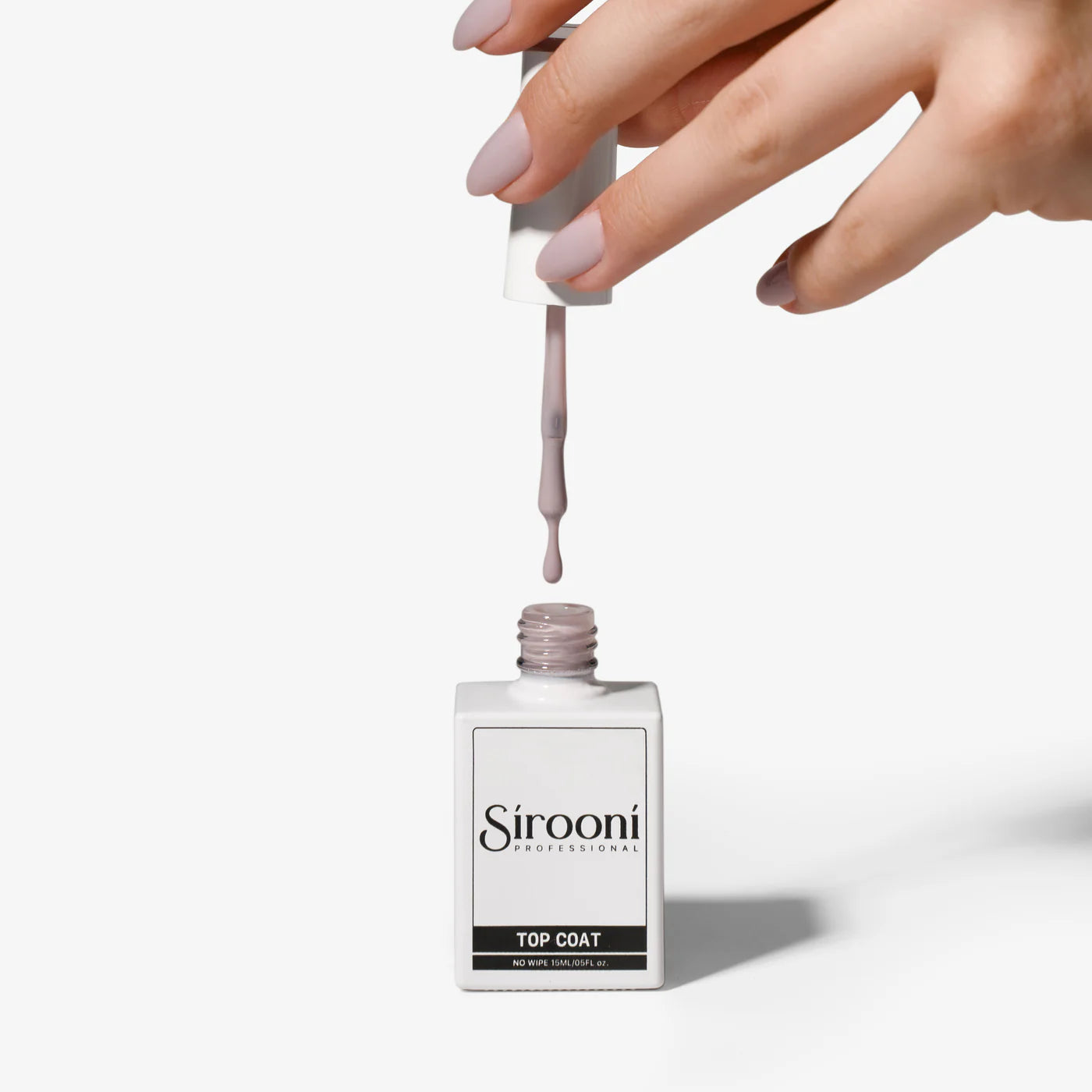 Sirooni Professional grey top coat in a 15ml bottle, providing a smooth, protective finish for nails.