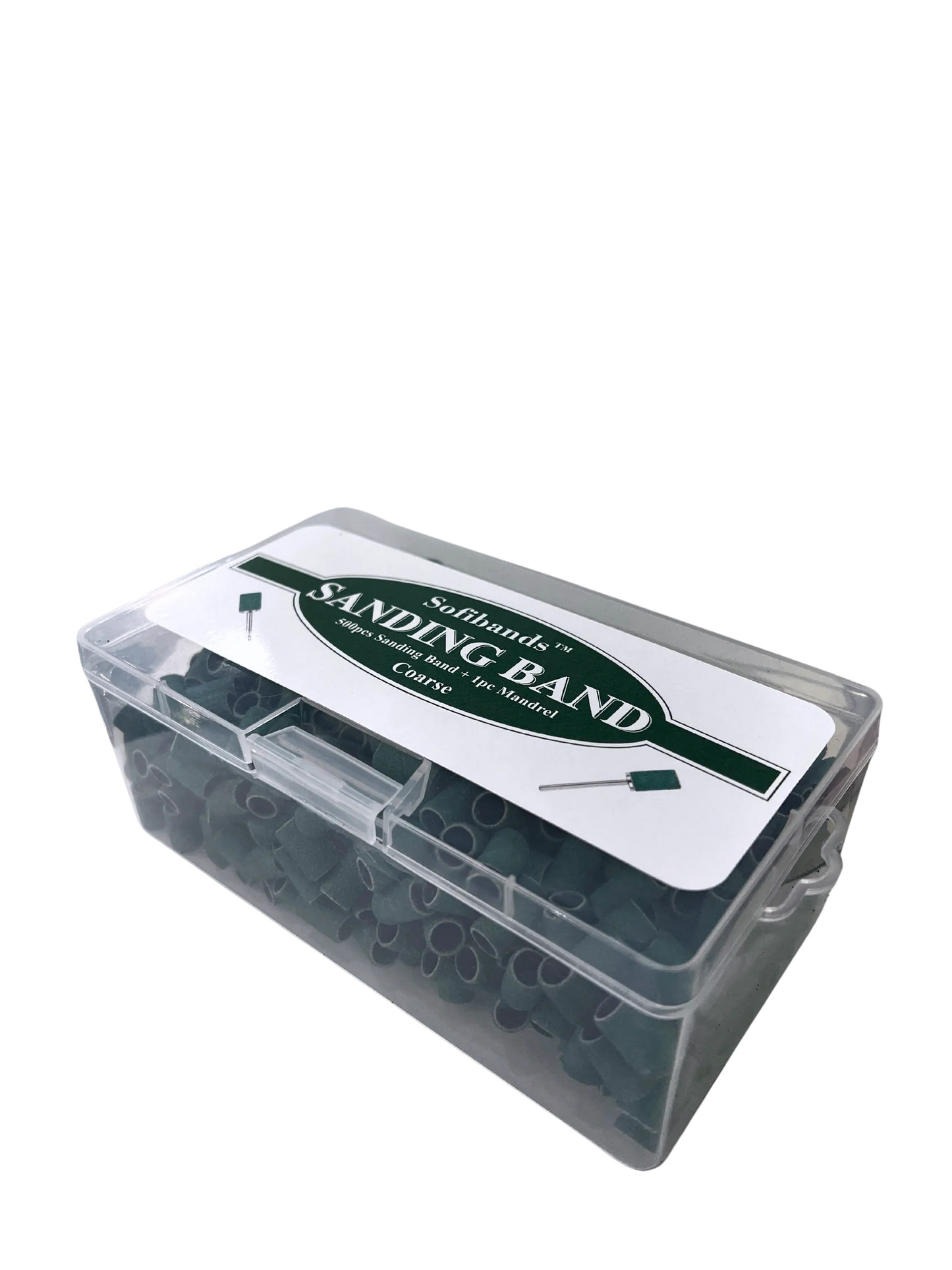 Coarse green Sofibands™ UNS nail sanding bands for professional nail filing and shaping, shown in a large 500-count pack.