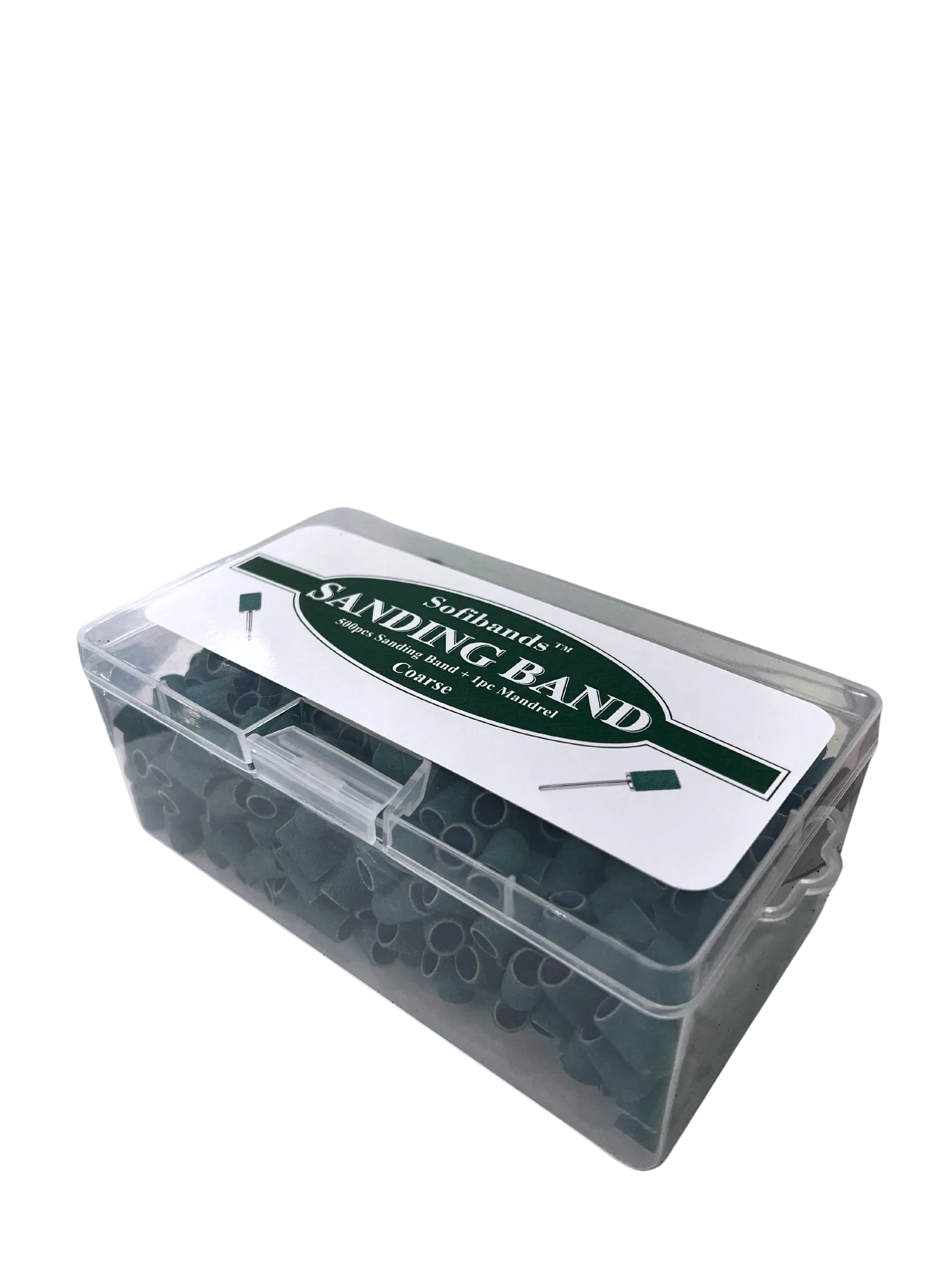 Coarse green Sofibands™ UNS nail sanding bands for professional nail filing and shaping, shown in a large 500-count pack.
