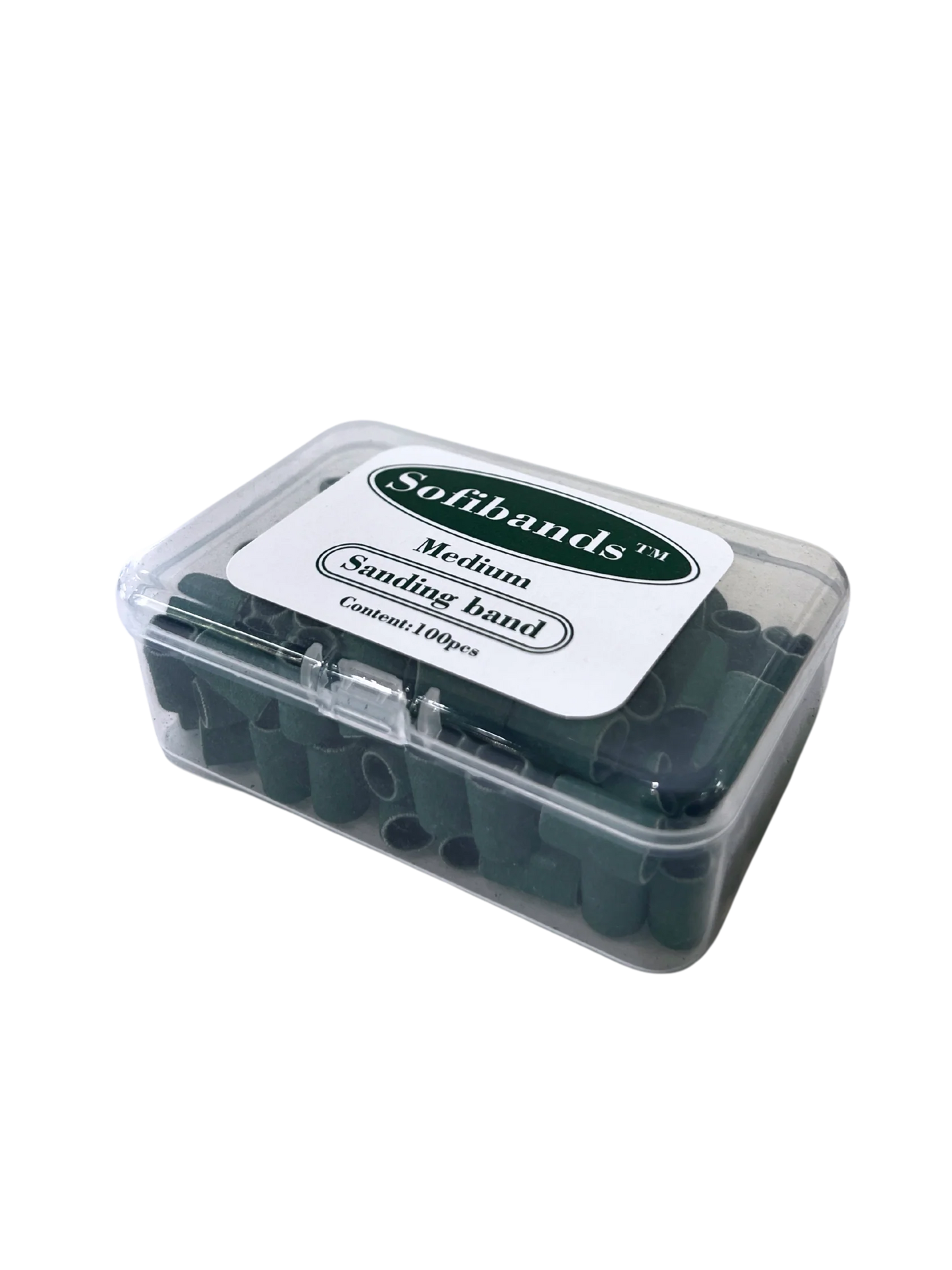 Green Sofibands™ sanding bands for nails, UNS nail tools, medium grit, 100 count, used for nail buffing and shaping.