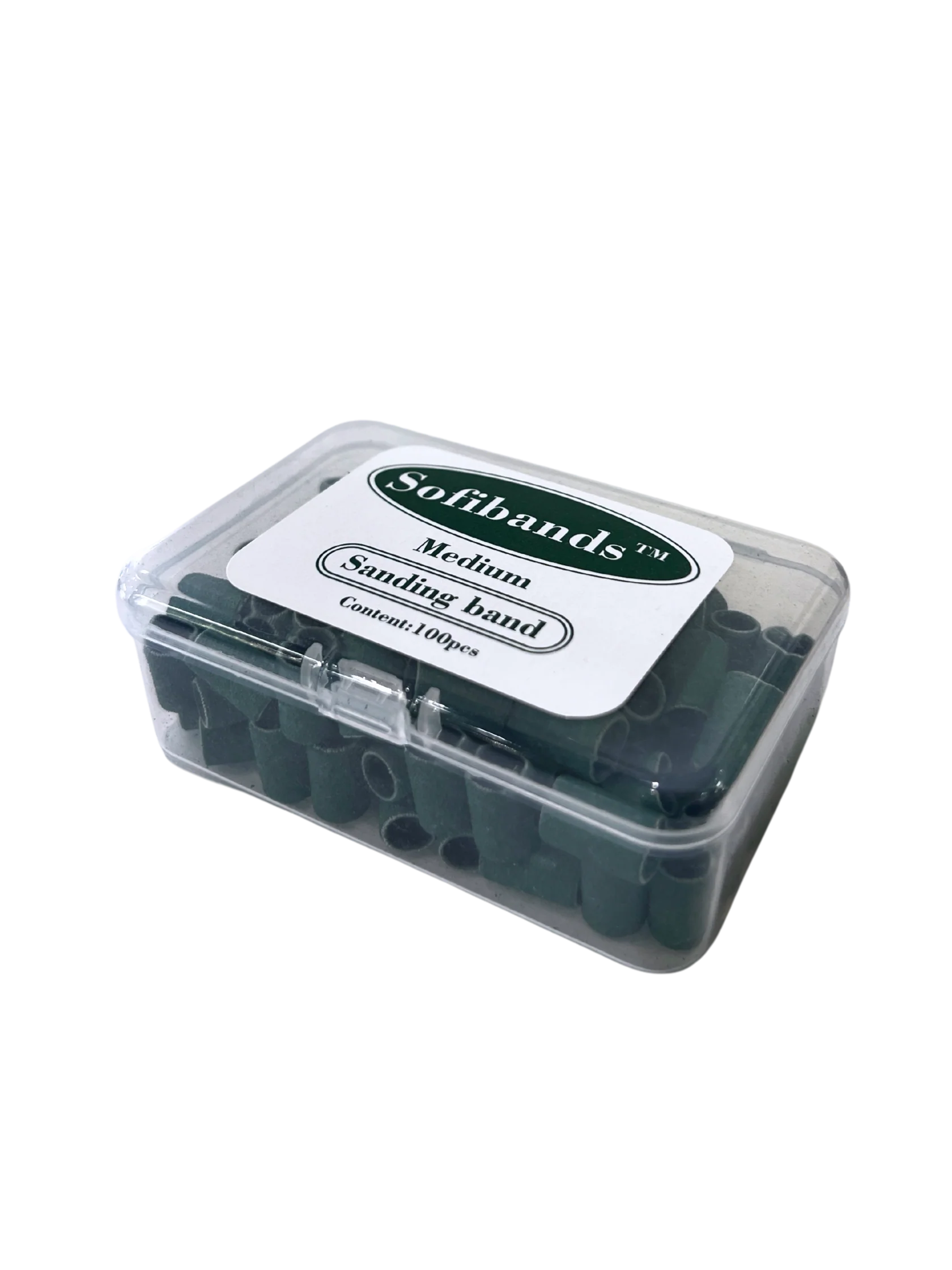 Green Sofibands™ sanding bands for nails, UNS nail tools, medium grit, 100 count, used for nail buffing and shaping.