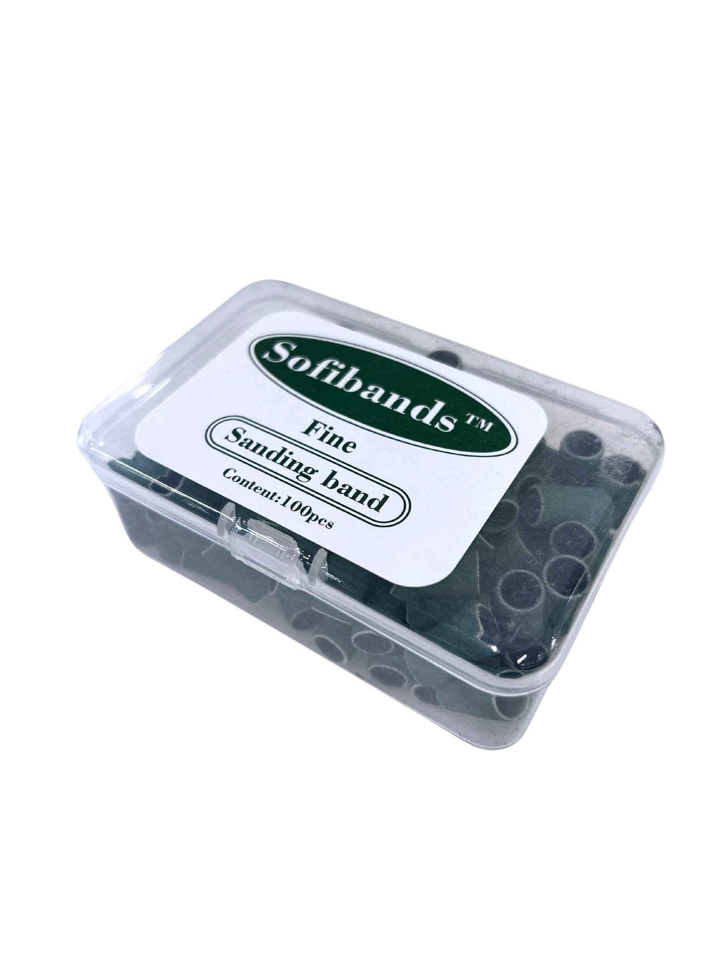 Green Sofibands™ sanding bands for nails, UNS nail tools, fine grit, 100-count pack, used for professional nail shaping and buffing.
