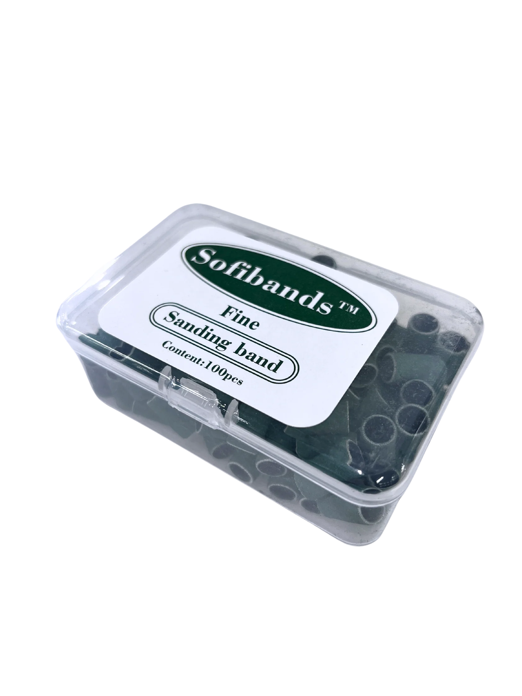 Green Sofibands™ sanding bands for nails, UNS nail tools, fine grit, 100-count pack, used for professional nail shaping and buffing.