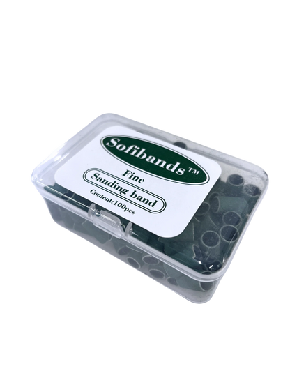 Green Sofibands™ sanding bands for nails, UNS nail tools, fine grit, 100-count pack, used for professional nail shaping and buffing.