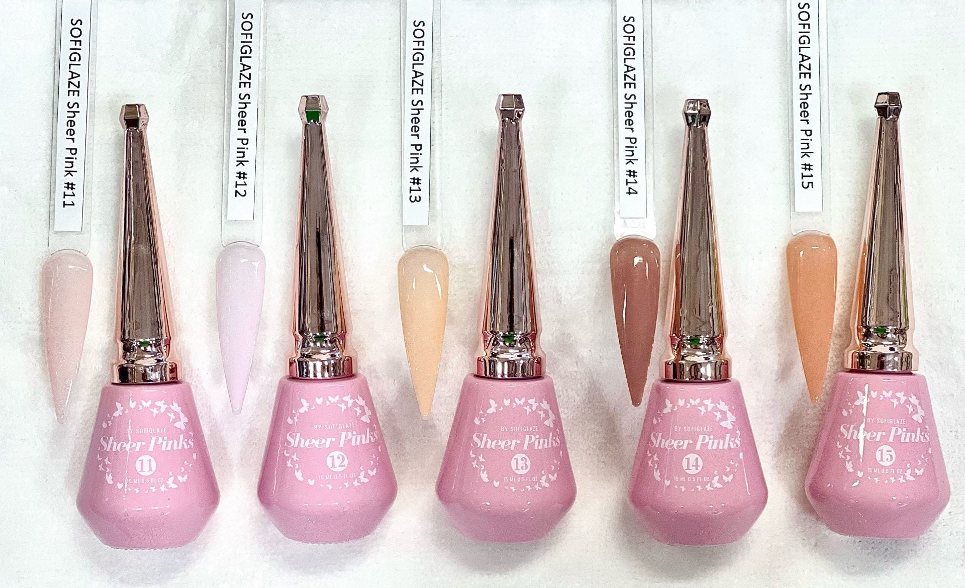 Sofi Glaze Sheer Pink Gel Polish from shades 11 to 15, featuring a smooth, glossy finish and free from Hema and Tpo chemicals.
