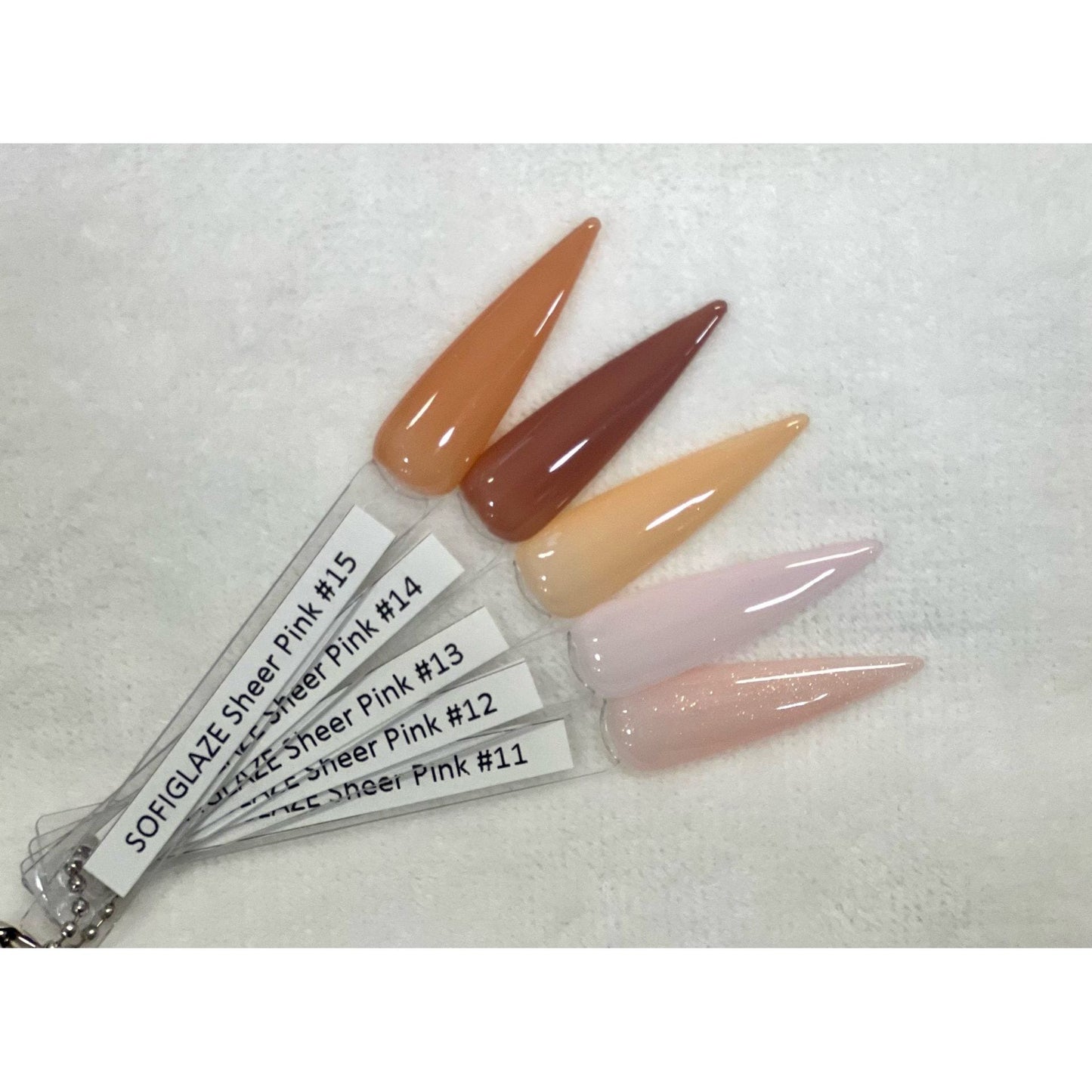Sofi Glaze Sheer Pink Gel Polish from shades #6 to #15, showcasing a translucent pink manicure with glossy finish.