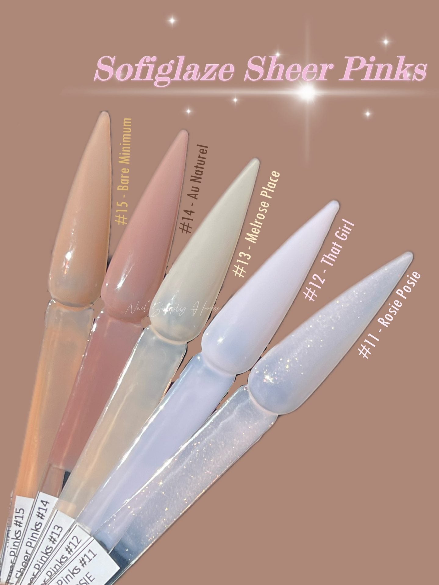 Sofi Glaze Sheer Pink Gel Polish from shades #6 to #15, featuring a translucent pink finish and free from Hema and TPO chemicals.