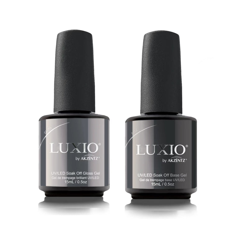 Luxio gel polish soak-off gloss top and base coat duo in 15mL bottles, TPO free, with the bottles and applicator visible.