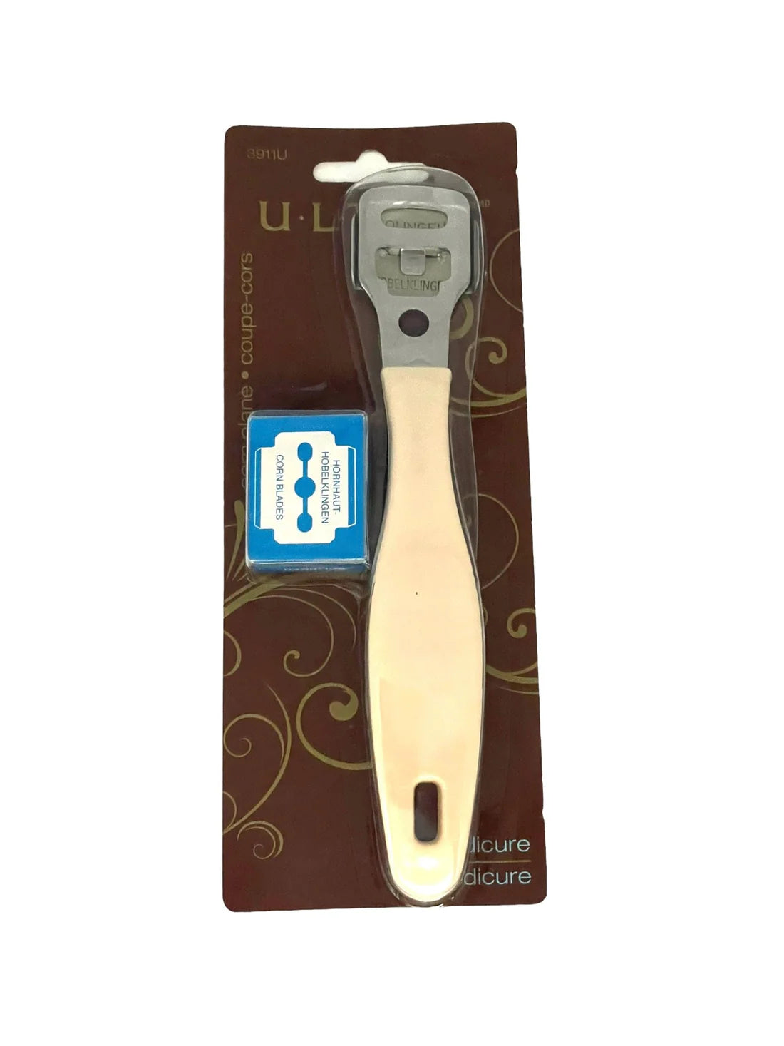 Ultra Pedicure Corn Plane nail tool with 10 refill blades for foot care and callus removal, designed for effective pedicure treatments.
