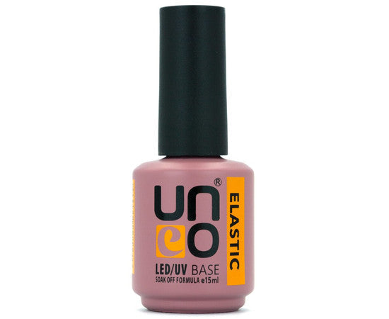 Uno Professional UNO Gel Elastic Base Coat 15ml for LED/UV nails, showing the clear gel bottle with branding and product label.