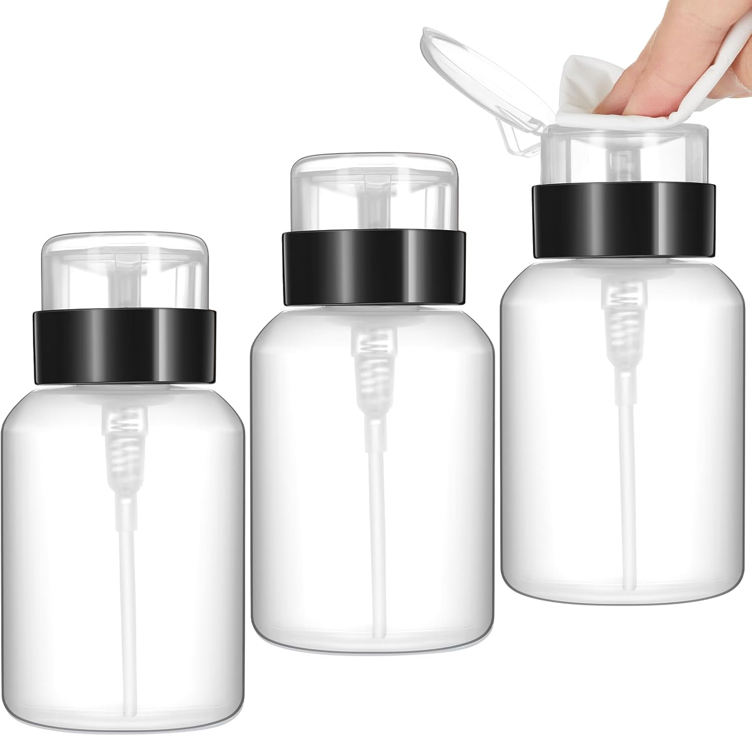 UNS 3-pack 6.8oz push-down lockable pump dispenser bottles for nail art, featuring secure locking caps and durable plastic construction.