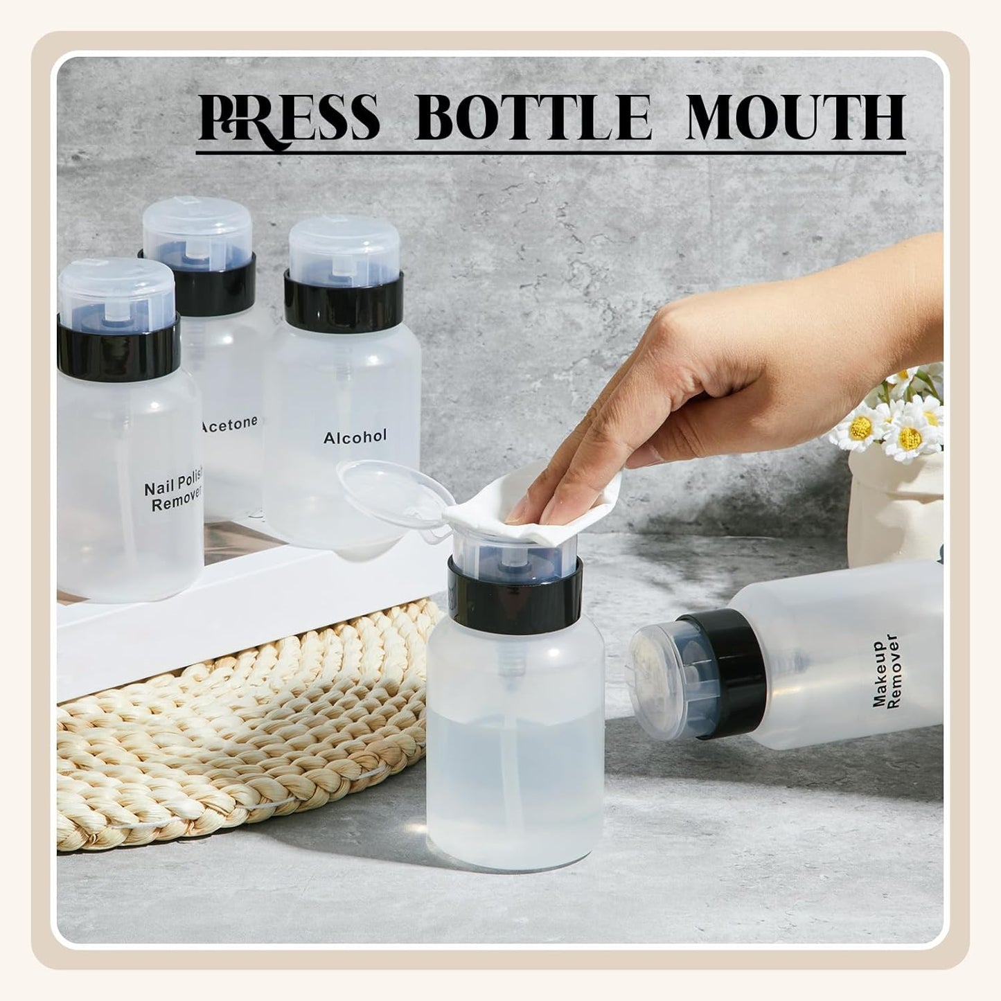 UNS 3-pack 6.8oz push-down lockable pump dispenser bottles for nail art, made of clear plastic with black pump tops.