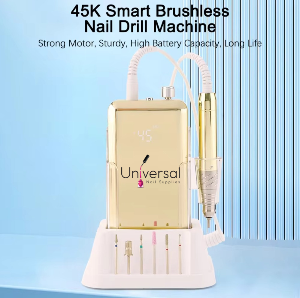 UNS high quality gold nail drill machine with adjustable handpiece and control buttons, ideal for professional manicures and pedicures.
