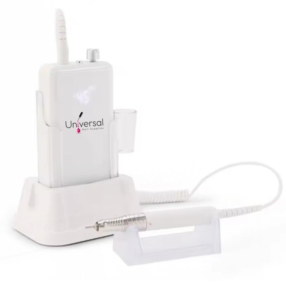 White UNS Nail Drill Machine with ergonomic design, featuring a sleek body and adjustable settings for professional nail shaping.