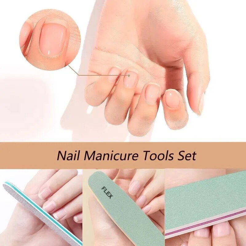 UNS professional nail files and buffer set with six nail tools for shaping and polishing nails, in a compact box.