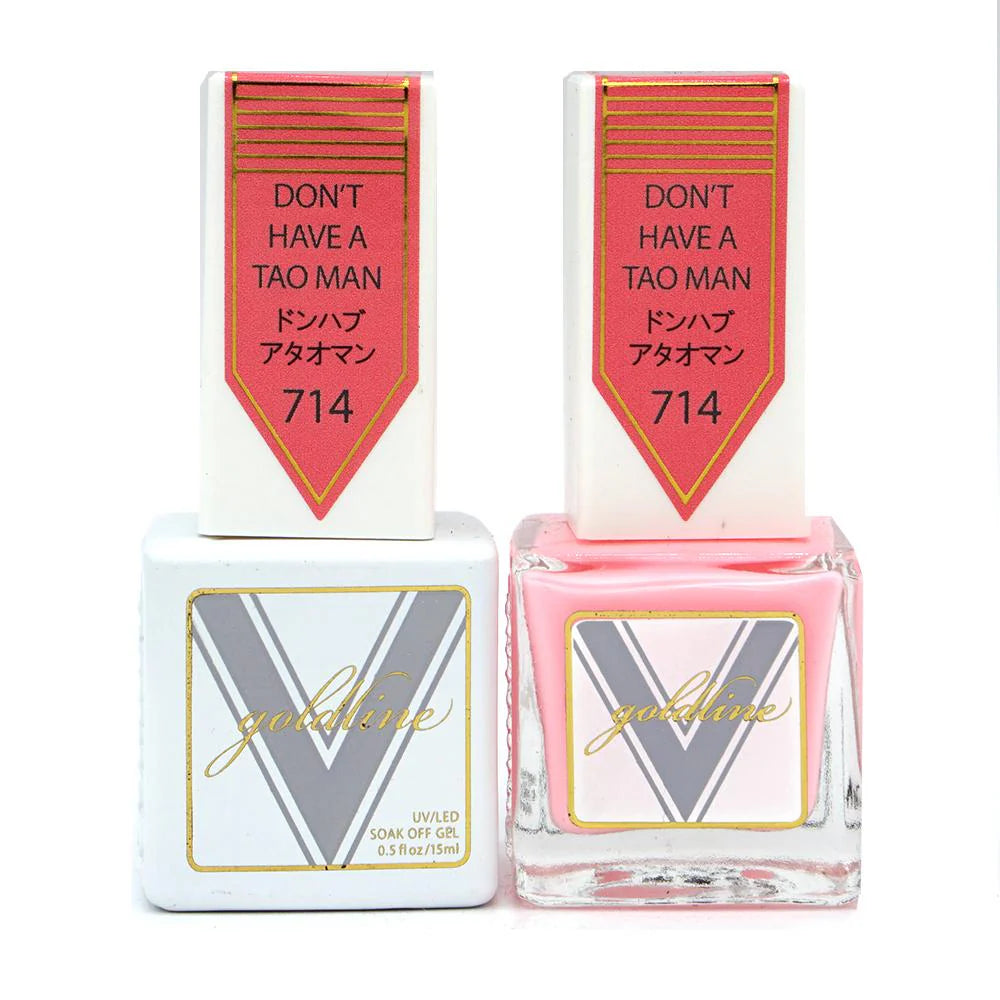 Vetro Goldline gel nail polish and matching lacquer in Don’t Have A Tao Man shade, featuring gold-toned nail color and finish.