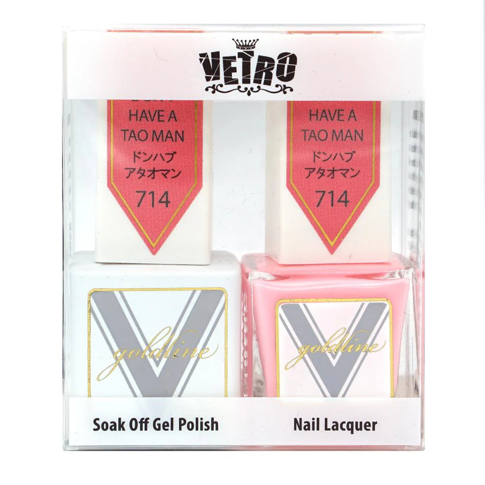Vetro Goldline gel nail polish and matching lacquer in Don't Have A Tao Man #714, with gold-toned finish and sleek bottle design
