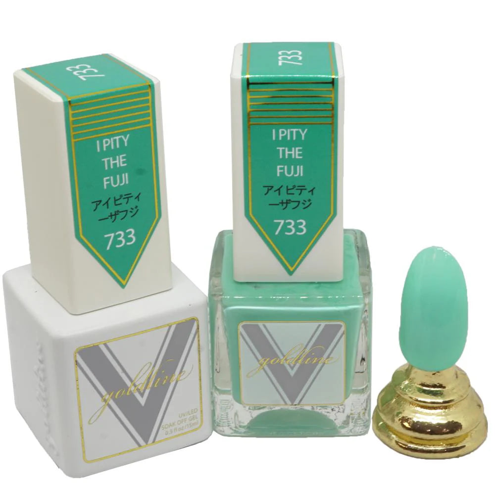 Vetro Goldline Gel and matching lacquer in I Pity The Fuji #733, showcasing the vibrant gel nail polish and coordinating lacquer bottles.