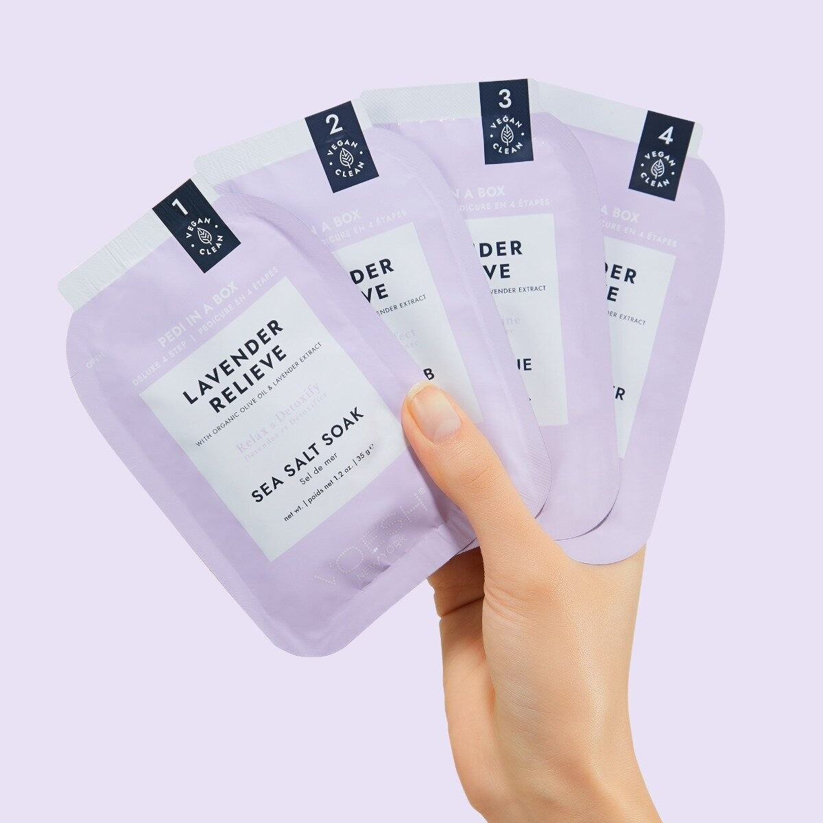 Voesh Pedi In A Box Lavender Relieve 4-step foot care kit with lavender-infused products and tools for at-home pedicure.