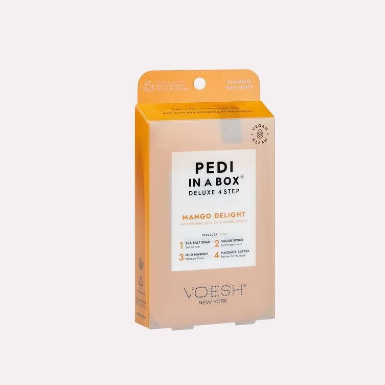 Voesh Pedi In A Box Mango Delight 4 Step set with colorful pedicure products and tools for at-home foot care.