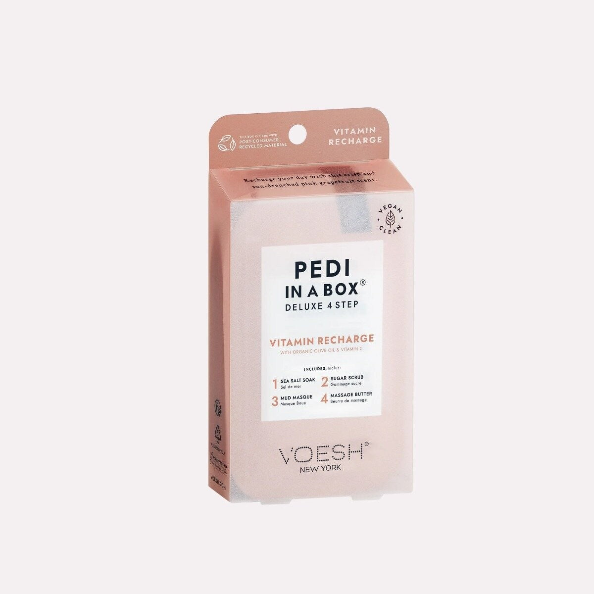 Voesh Pedi In A Box Vitamin Recharge 4 Step kit with pedicure tools and products for at-home foot care and rejuvenation.
