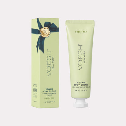 Voesh Vegan Body Crème lotion in a clear 3oz bottle with green tea scent, skincare product with a green container.