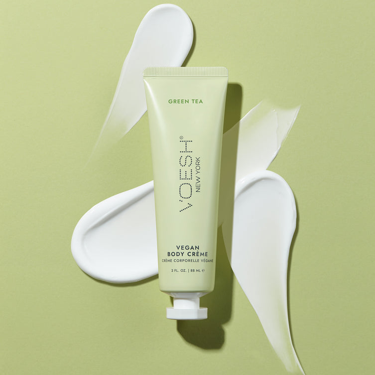 Voesh vegan body lotion with green tea in a 3oz tube, featuring a sleek design and clear packaging.