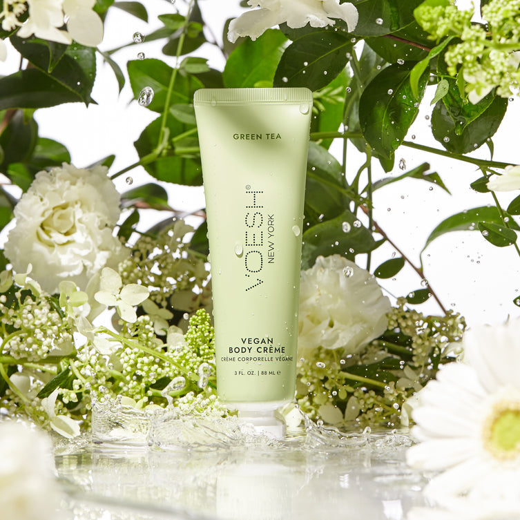 Voesh vegan body lotion with green tea scent in a 3oz container, moisturizing and nourishing skin.