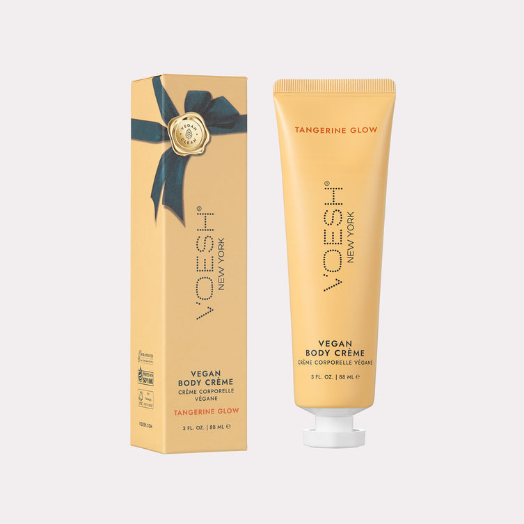 Voesh Vegan Body Crème 3oz in a clear container, featuring vibrant tangerine scent, creamy texture, and smooth body lotion.