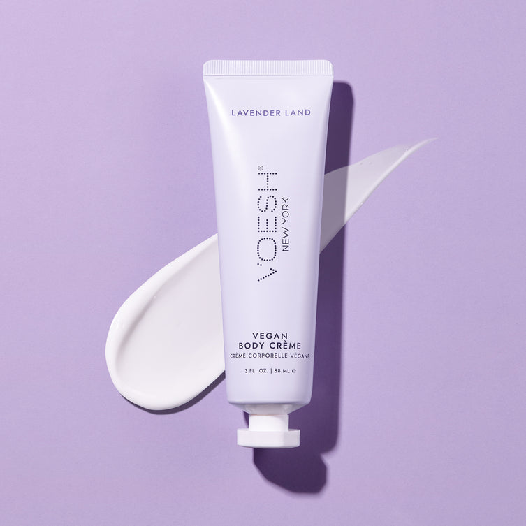 Voesh vegan lavender body lotion in a 3oz container, featuring a clear, soothing lavender cream for skin hydration.