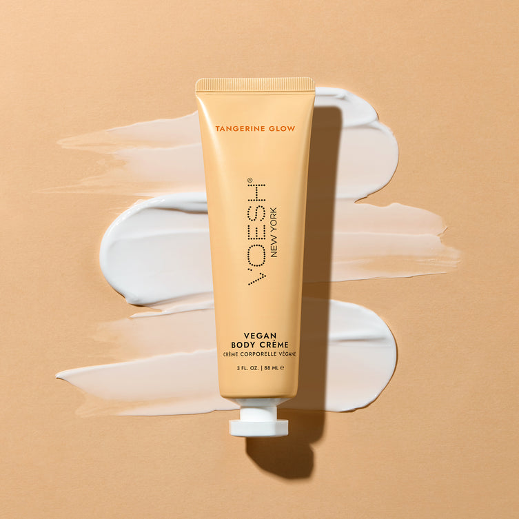 Voesh vegan body crème in 3oz tube with tangerine scent, moisturizing body lotion with clear packaging.