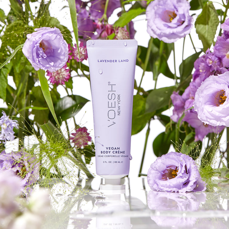 Voesh vegan lavender body lotion in a 3oz container, featuring a clear, smooth texture with lavender scent.