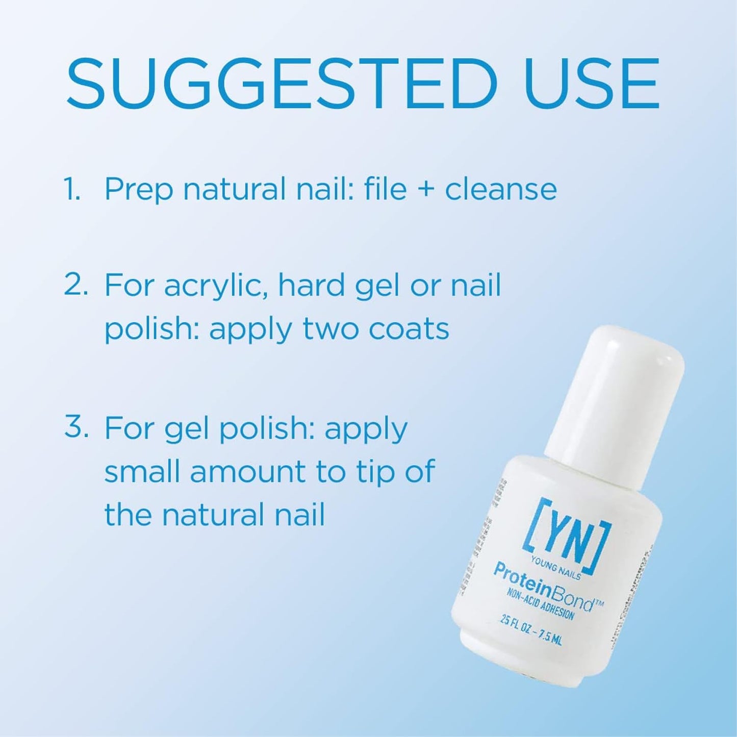 Young Nails Protein Bond nail primer bottle, 0.5 oz, clear liquid for enhanced nail polish adhesion and nail strengthening.