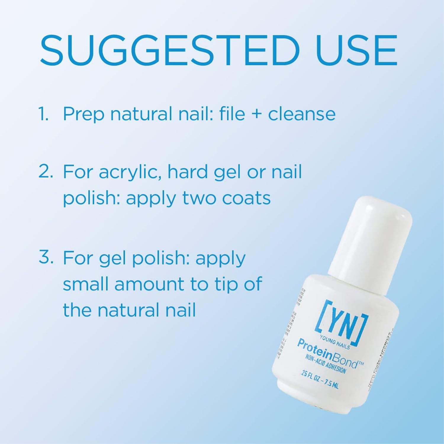 Young Nails Protein Bond nail primer bottle, 0.5 oz, clear liquid for enhanced nail polish adhesion and nail strengthening.