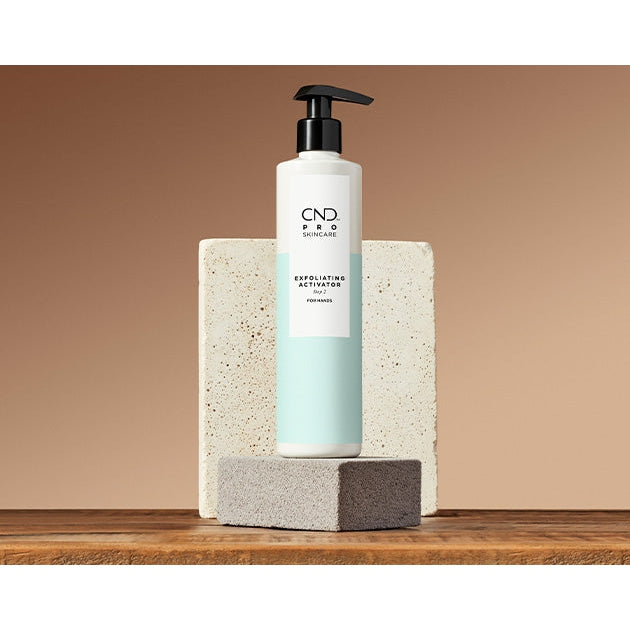 CND Pro Skincare exfoliating activator bottle with stylized label, designed for professional skincare and nail treatment.
