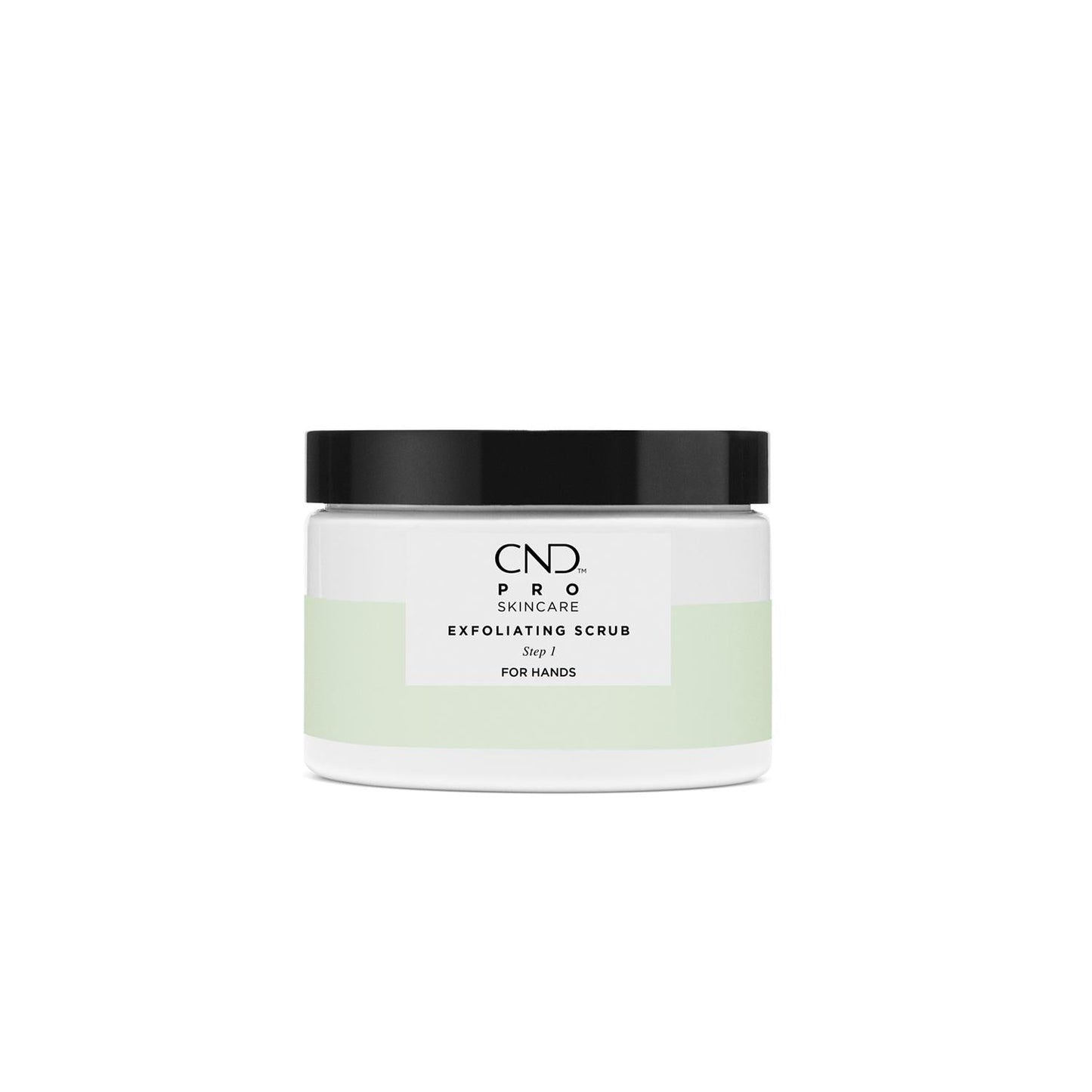 CND Pro Skincare exfoliating hand scrub in a jar, showing the textured scrub formula for soft, smooth skin.