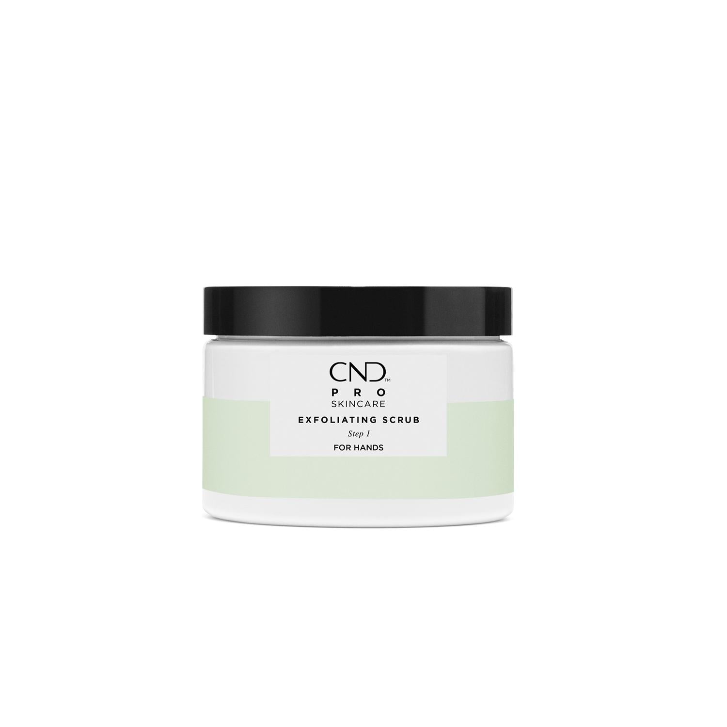CND Pro Skincare exfoliating hand scrub in a jar, showing the textured scrub formula for soft, smooth skin.